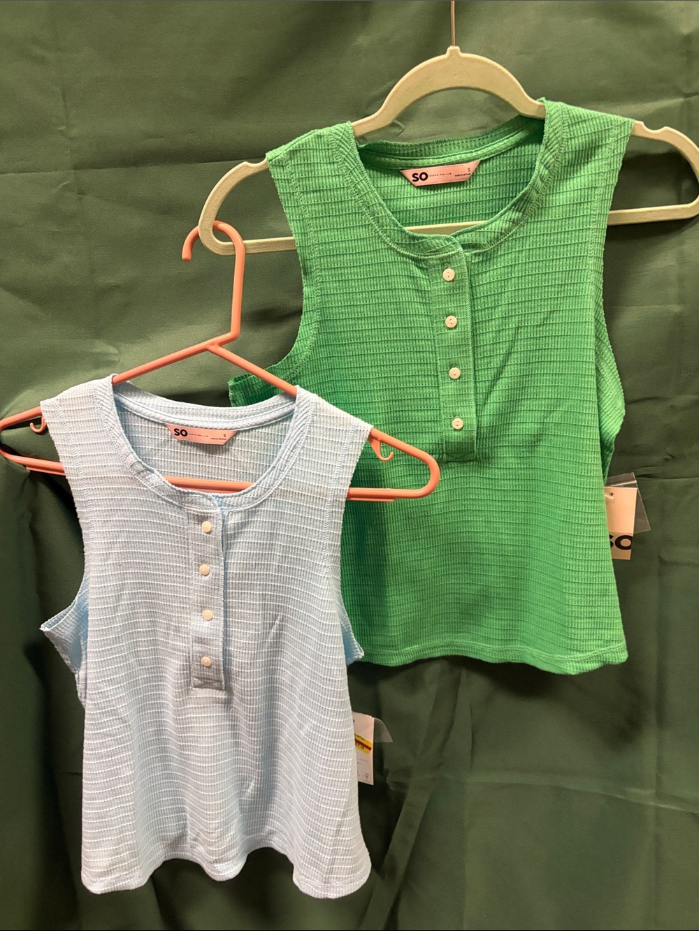 SO Girls' Ribbed Henley Tank Tops in Light Blue & Green
